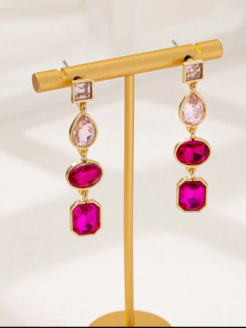 Gold-Plated Drop Earrings with Hot Pink and Light Pink Stones - Women Jewelry